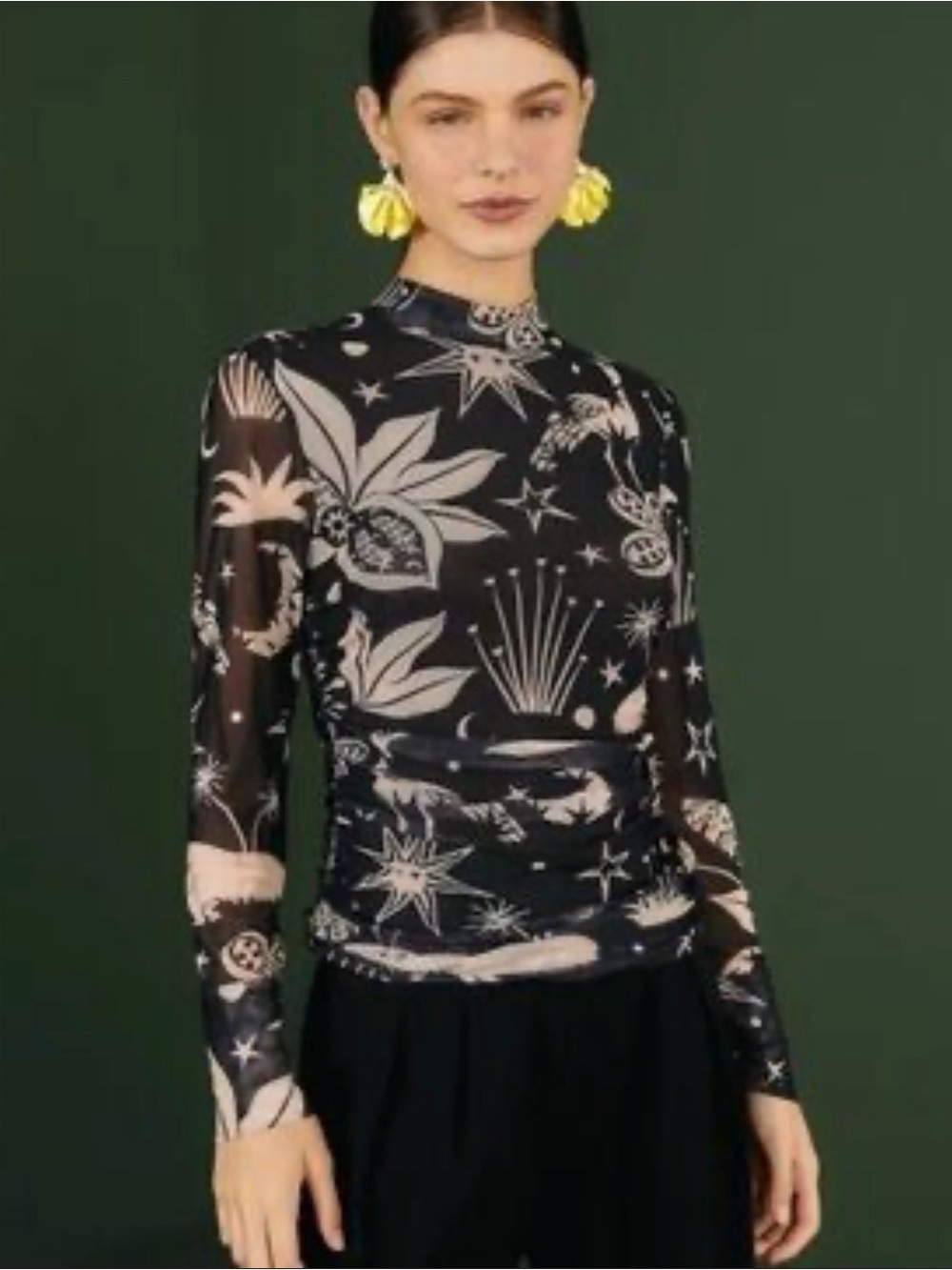 Farm Rio Sheer Black Floral Star Print Mock-Neck Women's Top